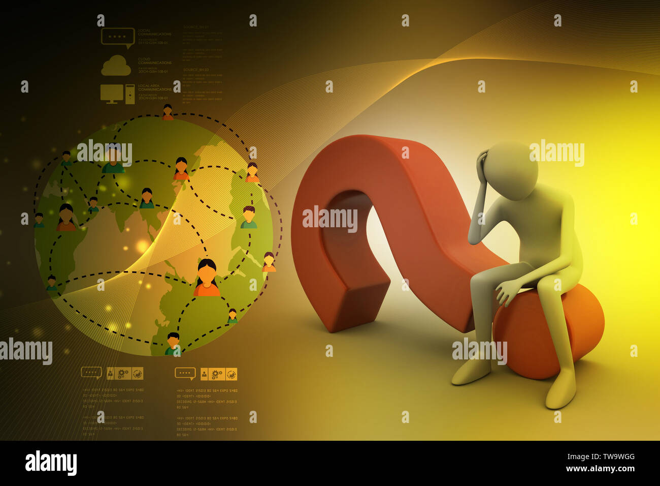 3d man sitting on the question mark Stock Photo - Alamy