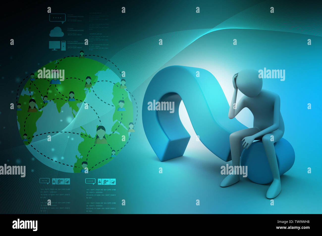 3d man sitting on the question mark Stock Photo - Alamy
