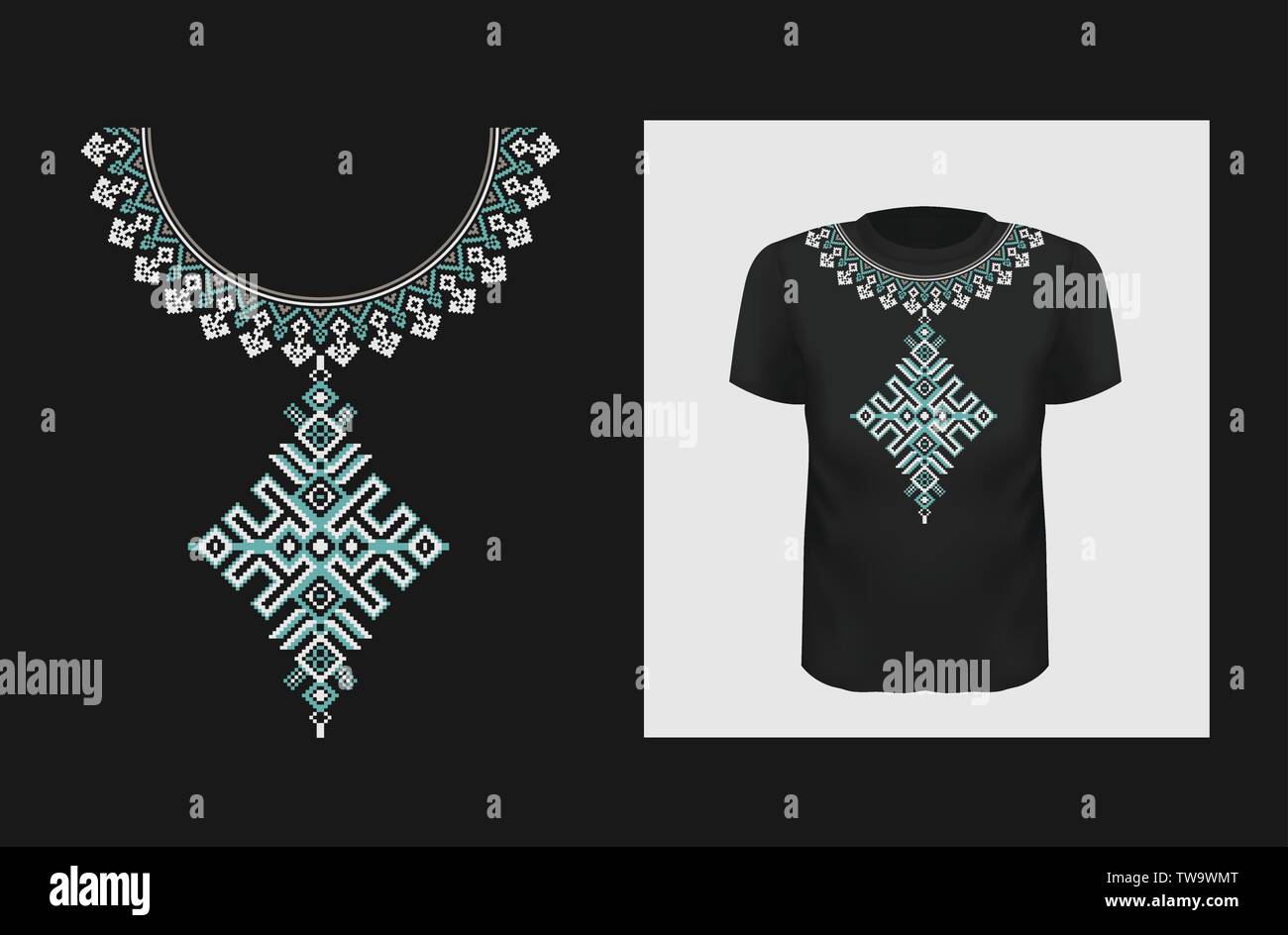 Ethnic vector t shirt print design. Ukrainian authentic ornament on apparel mock up. Traditional Eastern Europe pattern on black short sleeve shirt. Stock Vector
