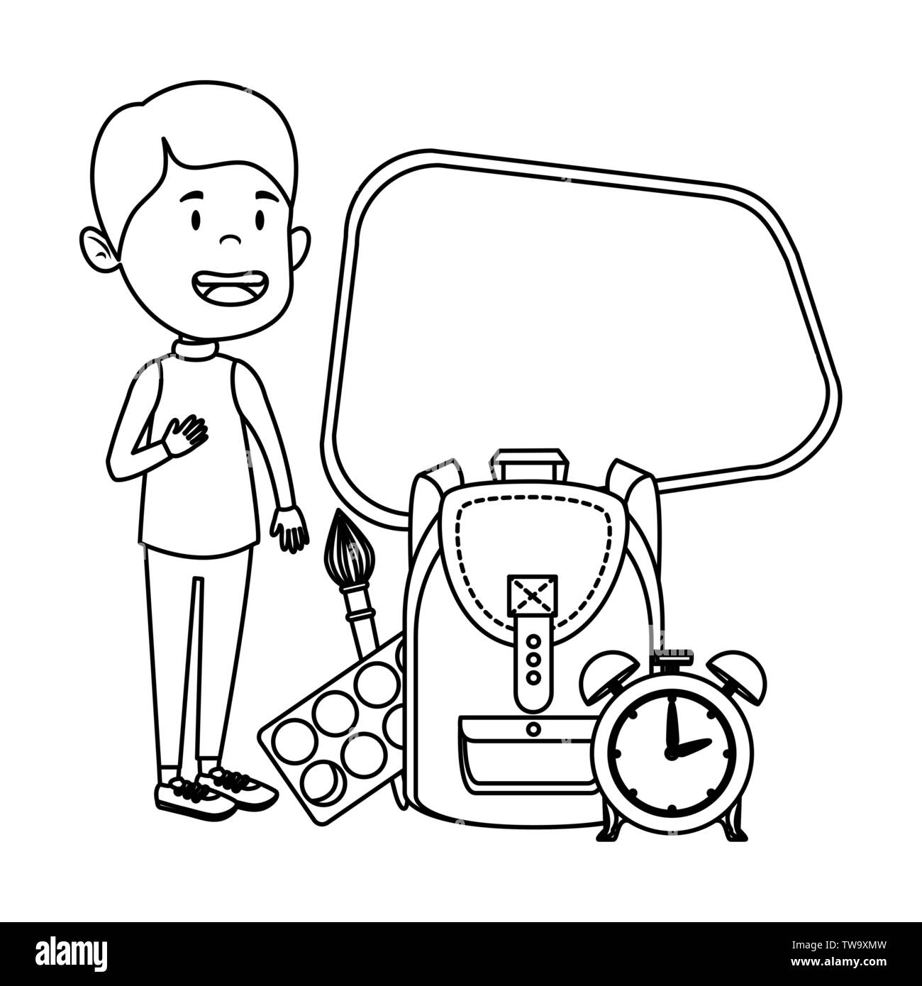 happy student boy with chalkboard and alarm clock Stock Vector