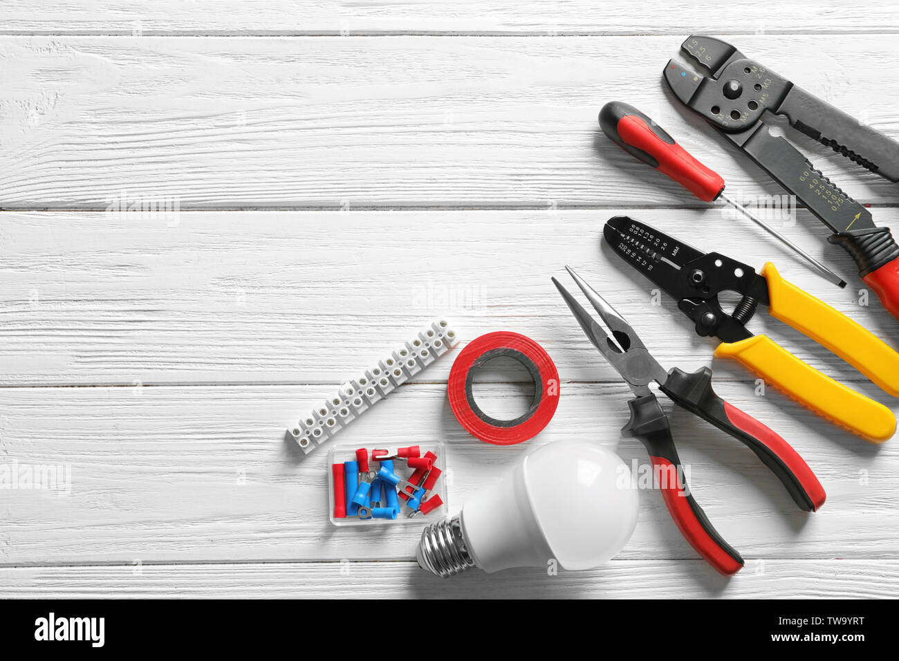 Different Electrical Tools On Wooden Background Stock Photo Alamy