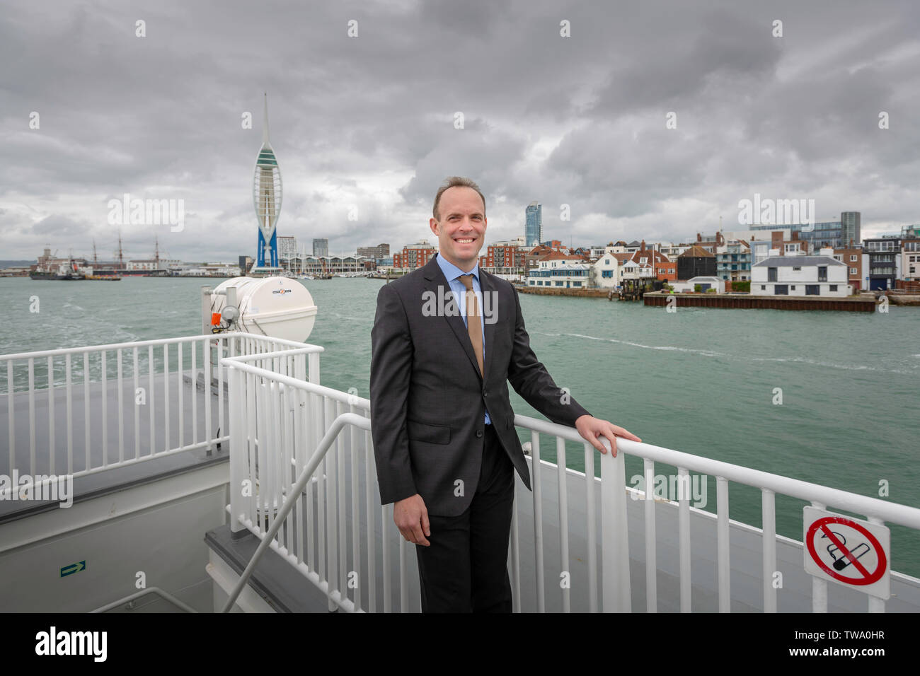 Conservative Party leadership candidate Dominic Raab MP pictured at the helm of the Wightlink fast cat ferry from Portsmouth to Ryde on the Isle of Wi Stock Photo