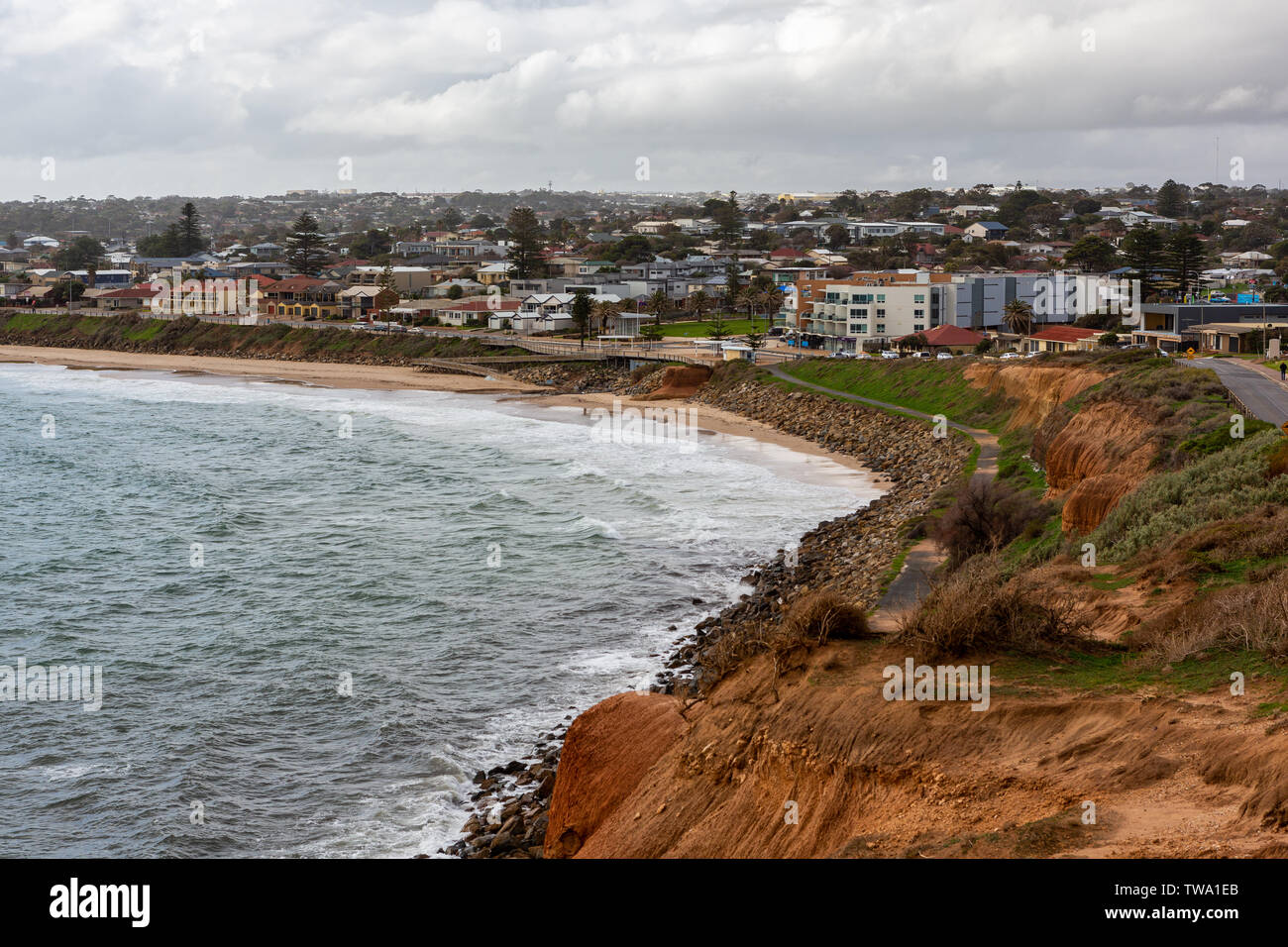 Christies beach looking down from the Esplande on a winters stormy day