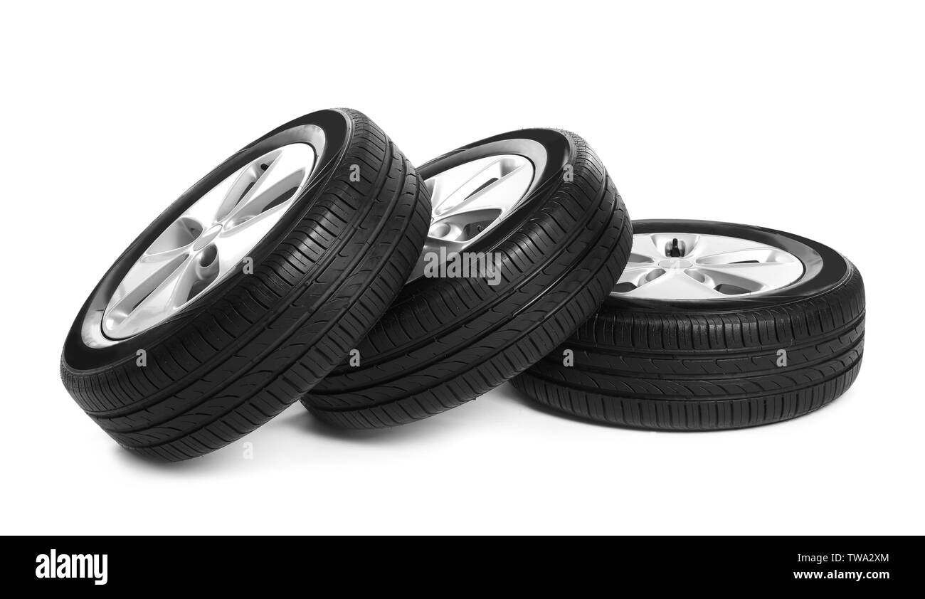 Car tires on white background Stock Photo Alamy