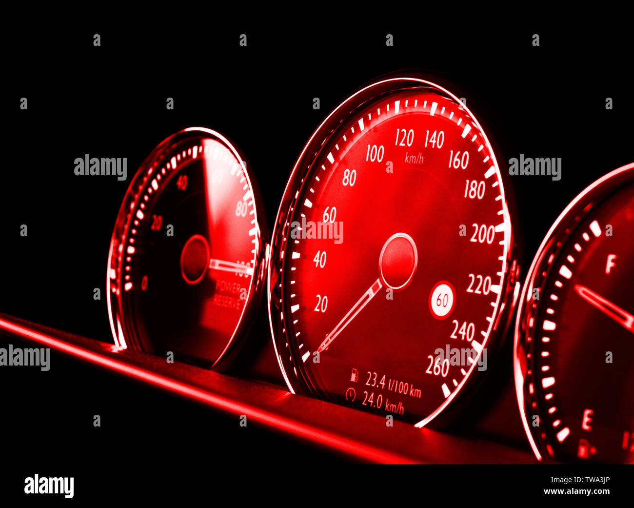 Close up shot of a red speedometer in a car. Car dashboard. Dashboard