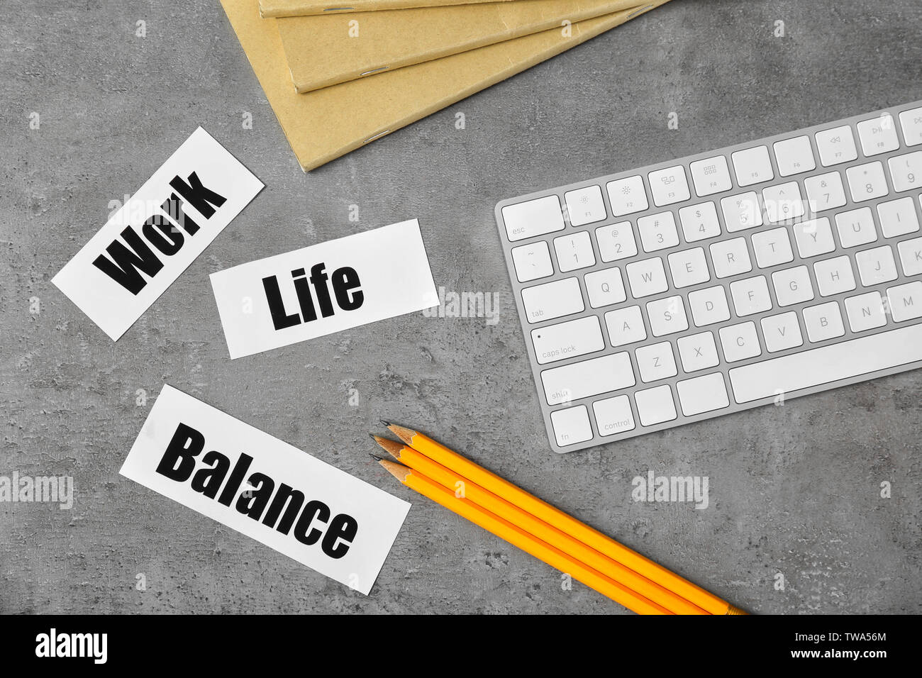 Words WORK, LIFE, BALANCE and keyboard on grey background Stock Photo ...