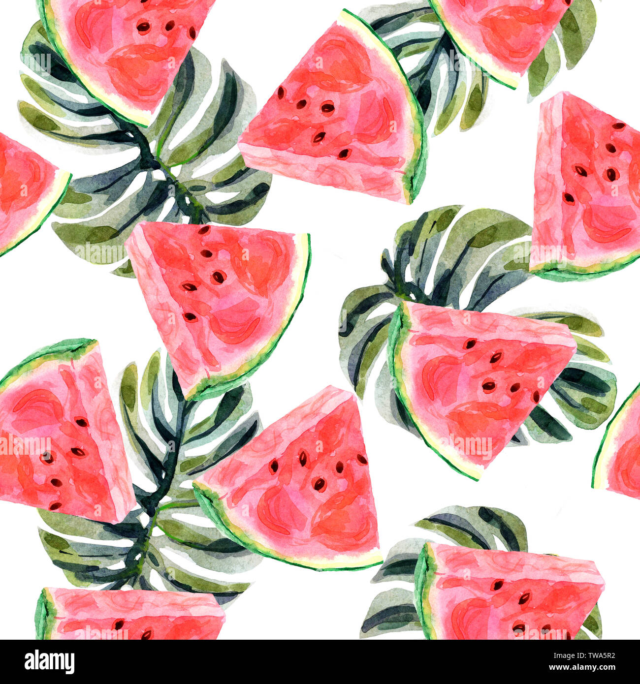 Watercolor tropical seamless pattern with watermelon and palm leaves ...
