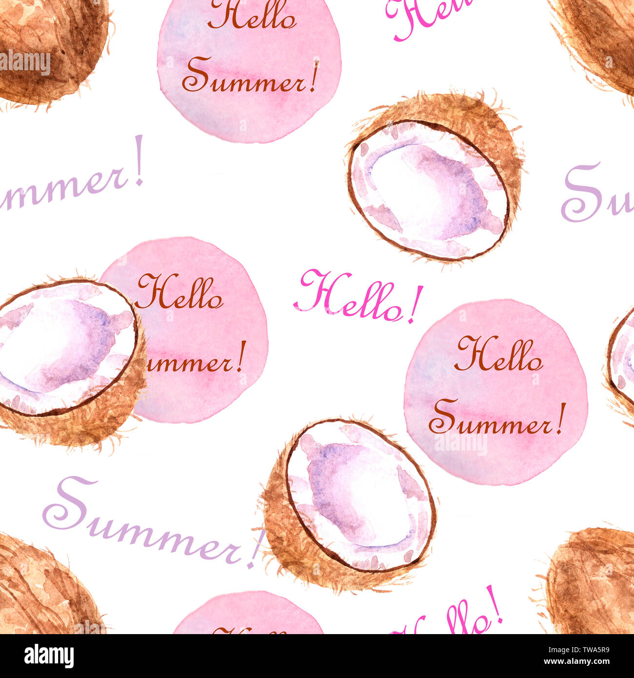 Watercolor tropical seamless pattern with coconut and text isolated on ...