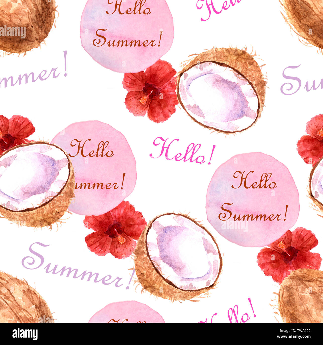 Watercolor tropical seamless pattern with coconut, hibiscus and text ...