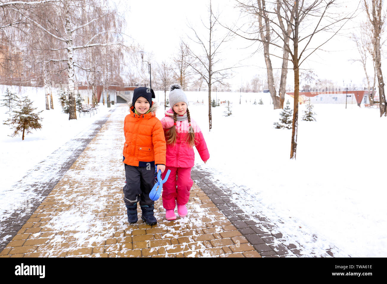 Cute children walking in snowy park on winter vacation Stock Photo - Alamy