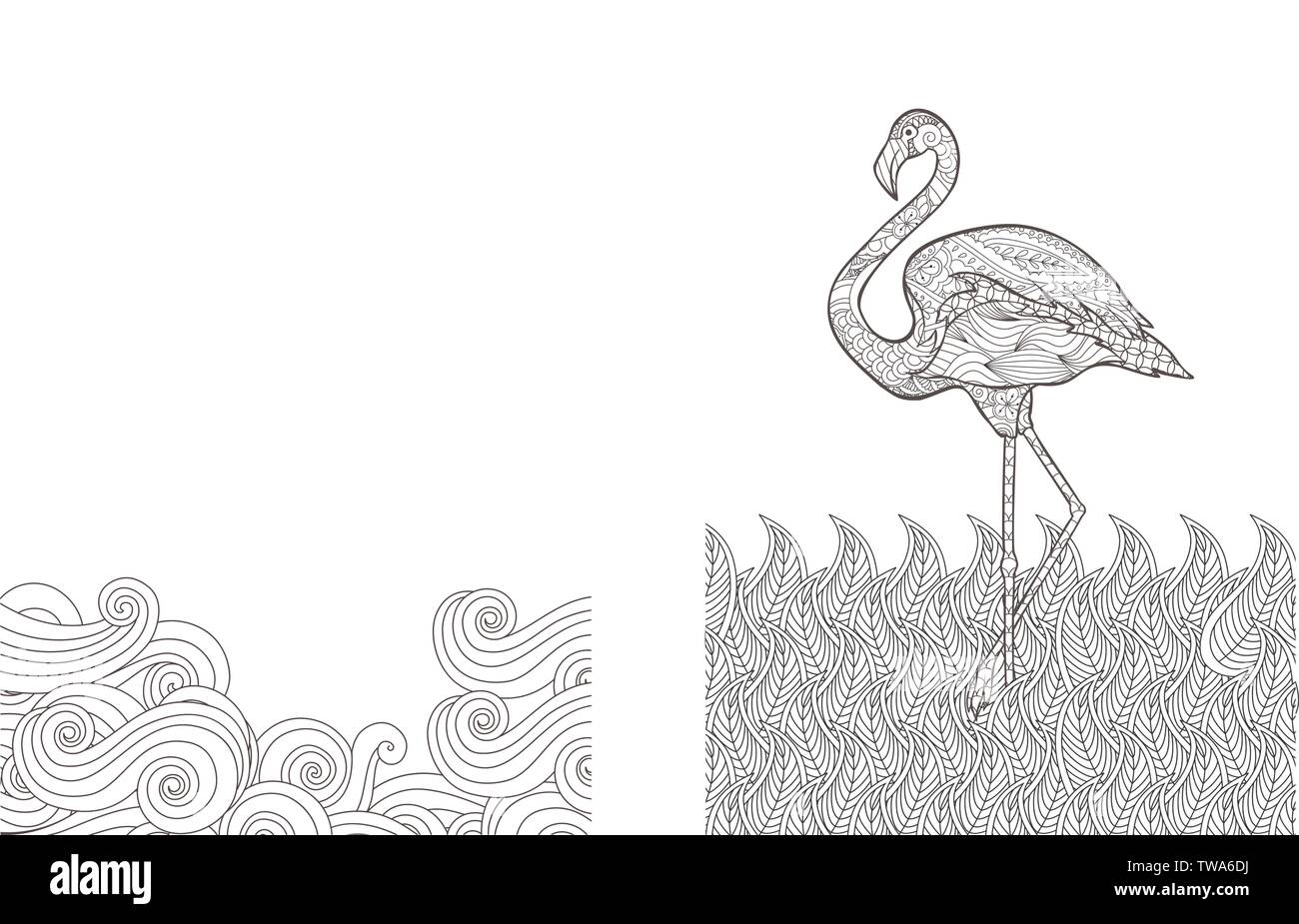 Coloring page with doodle style flamingo in the river. Stock Vector