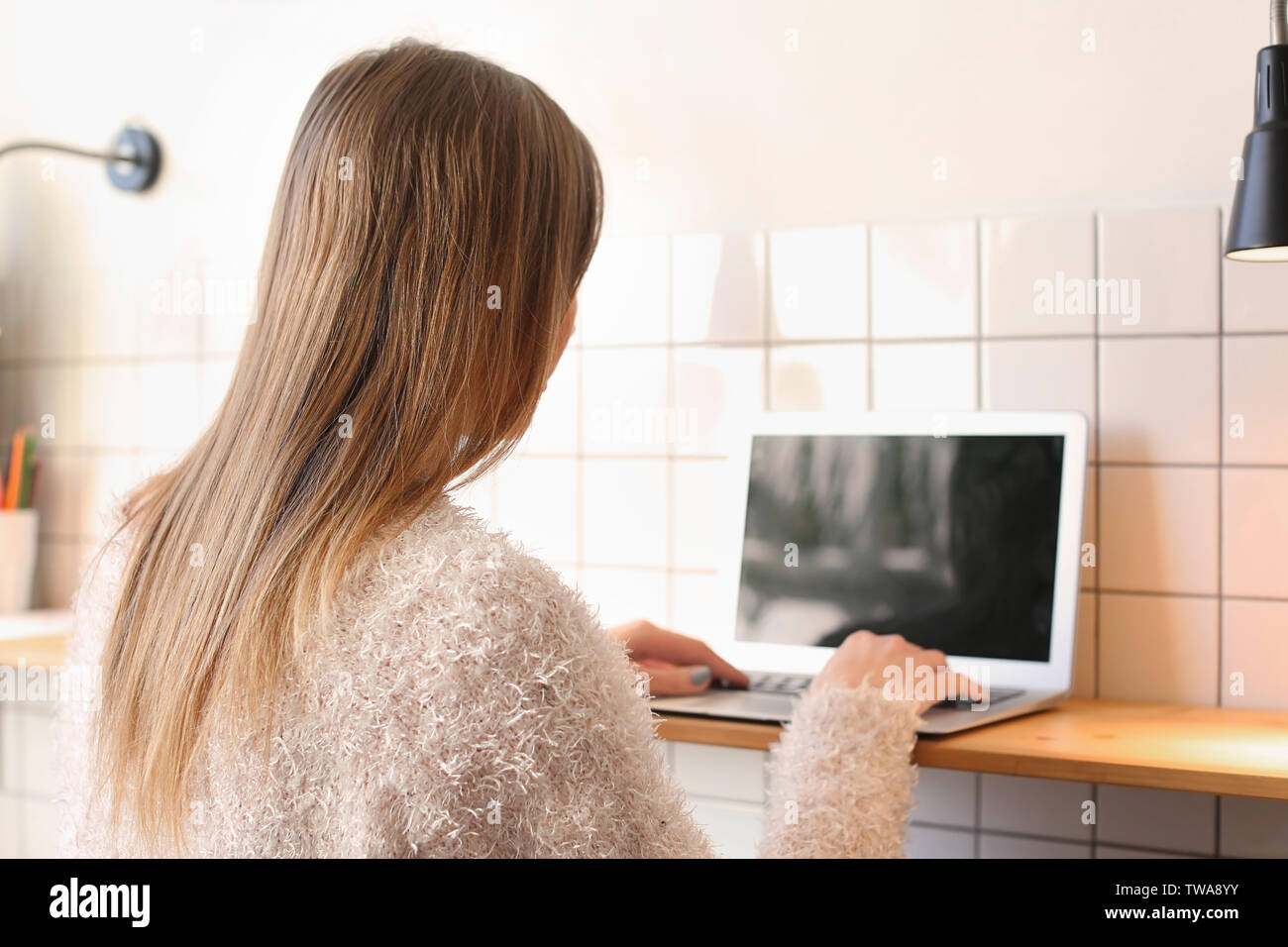 Young woman using laptop in cafe Stock Photo - Alamy