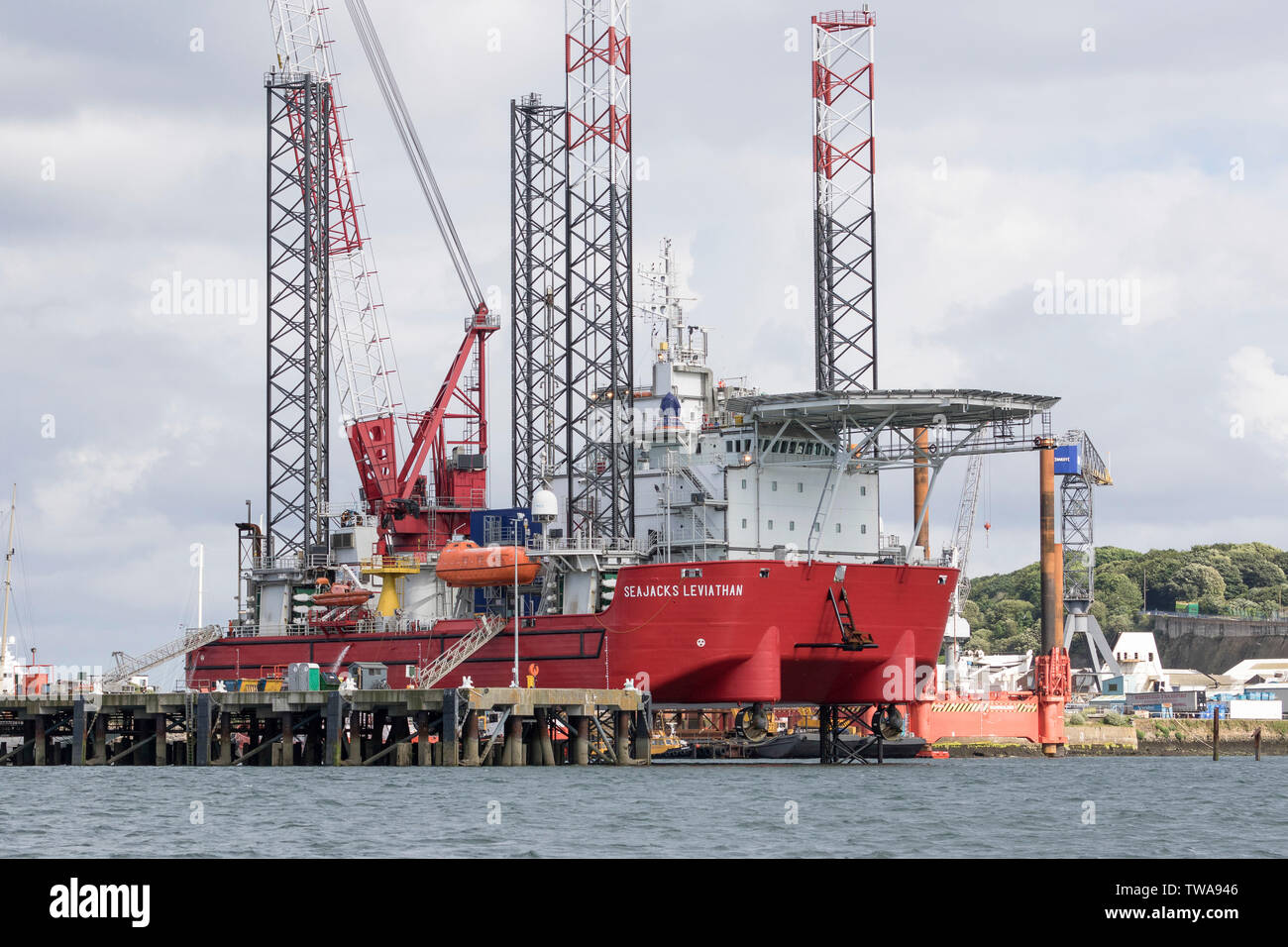 SeaJacks Leviathan Offshore, Self Prpelled Support Vessel in Falmouth Docks Stock Photo