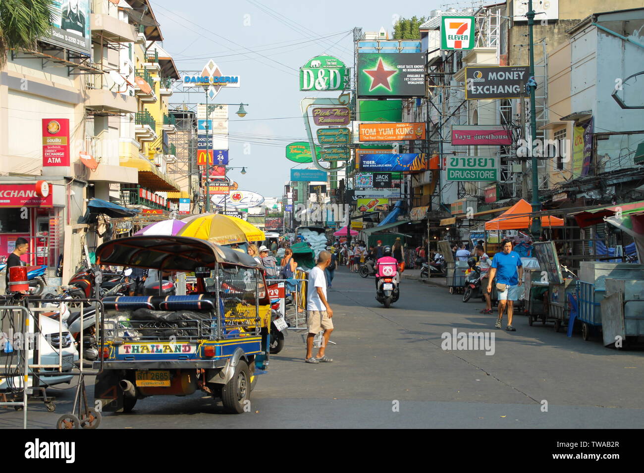 Bangkok, Thailand - March 24, 2019: Perspective of Khao San night market in daytime. Stock Photo