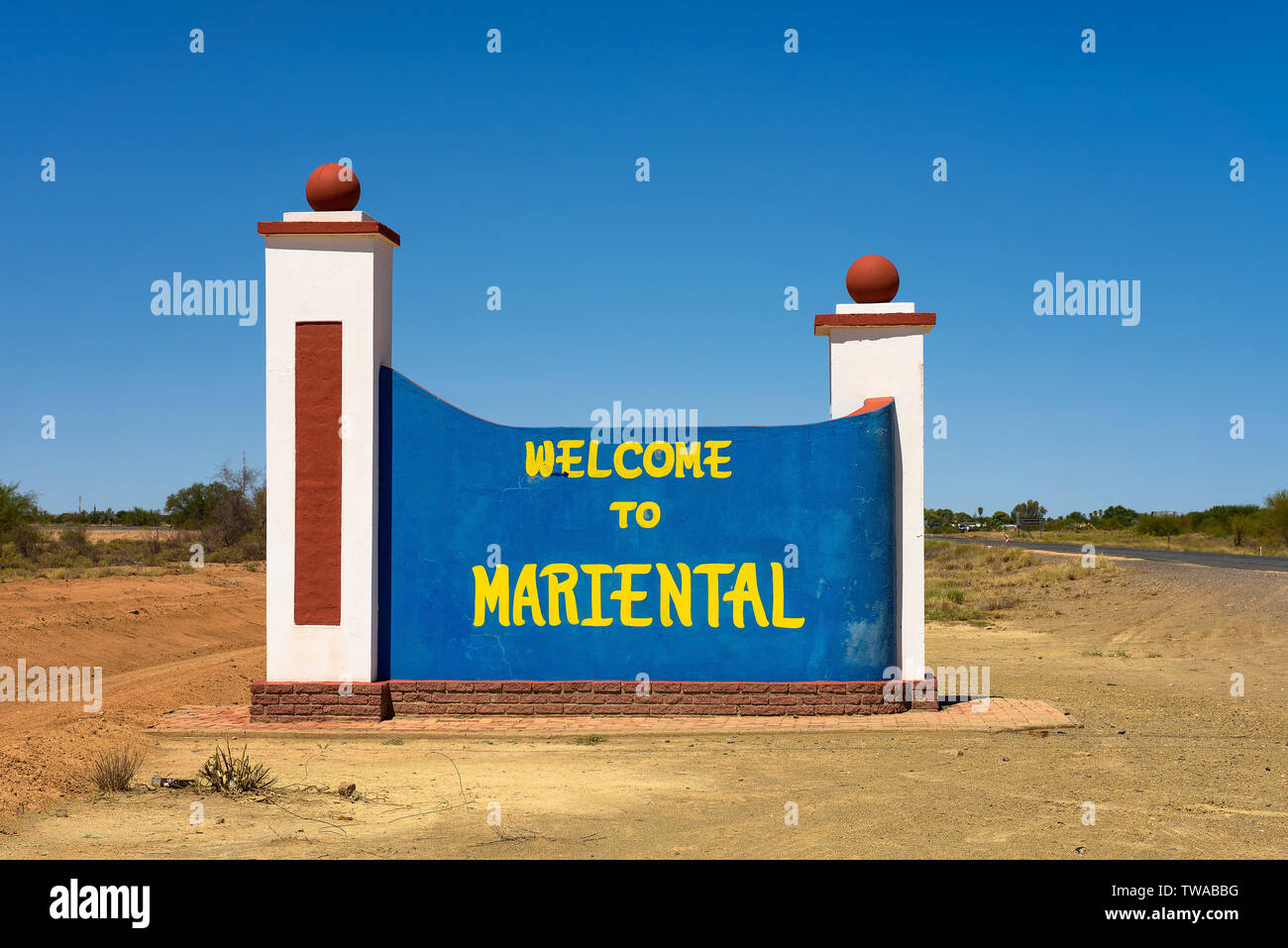 Welcome to Mariental road sign between Windhoek and Keetmanshoop in Namibia Stock Photo