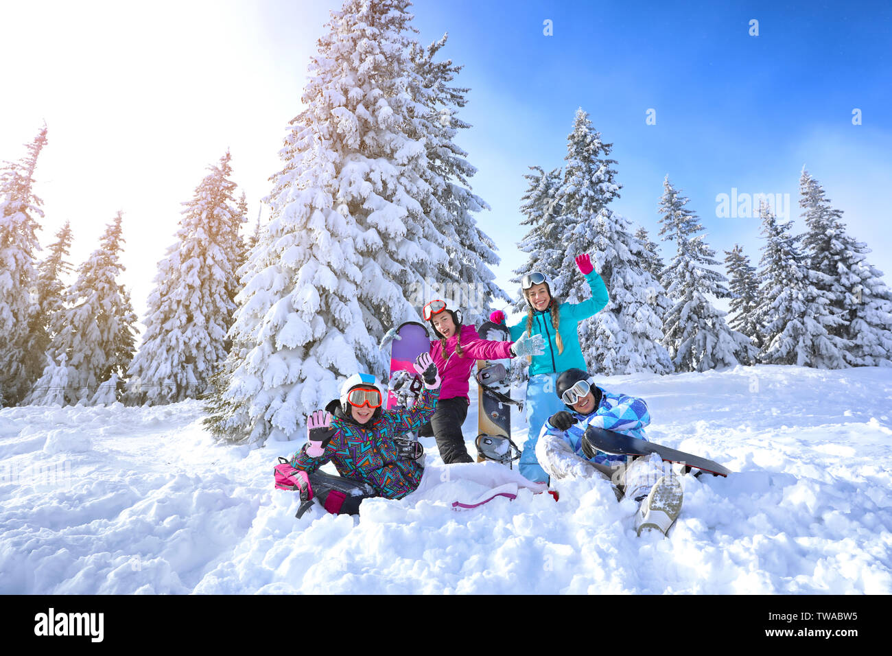 Happy friends on winter vacation, outdoors Stock Photo - Alamy
