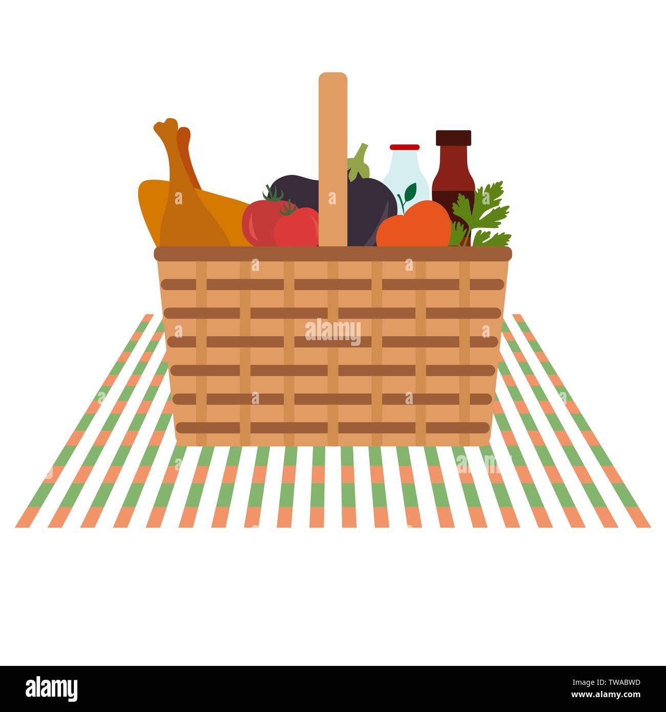 Vector illustration with wicker picnic basket with food and drink ...