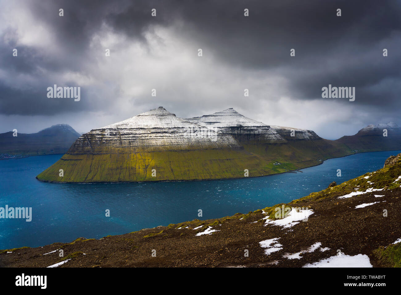 Island of Kalsoy viewed from the Klakkur mountain near Klaksvik on Faroe Islands Stock Photo