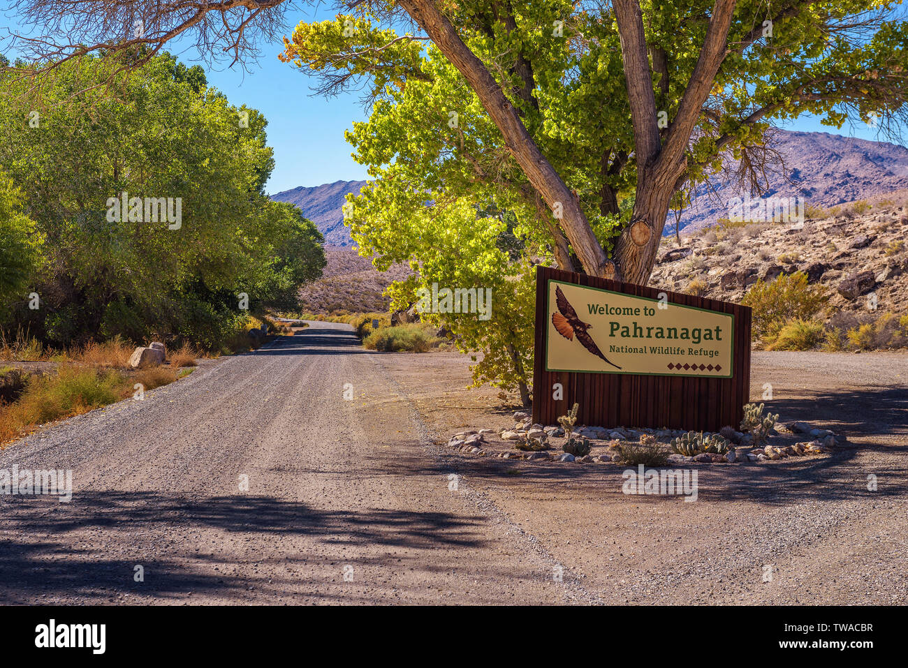 Welcome sign at the entrance to Pahranagat National Wildlife Refuge in Nevada Stock Photo