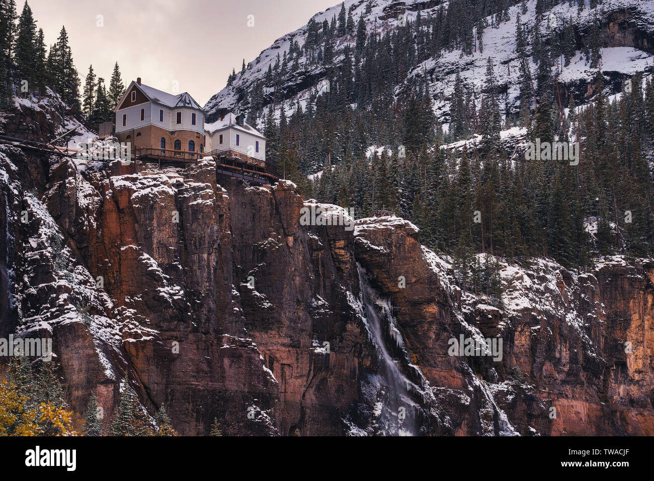 Bridal Veil Falls with a power plant at its top in Telluride, Colorado Stock Photo