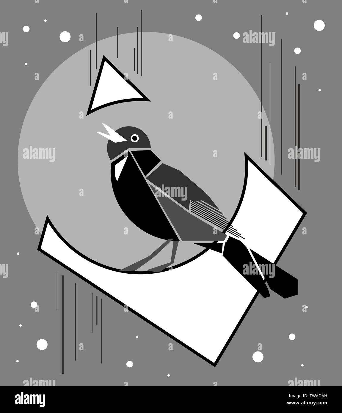Singing mockingbird at night. Print. Monochrome little bird on full