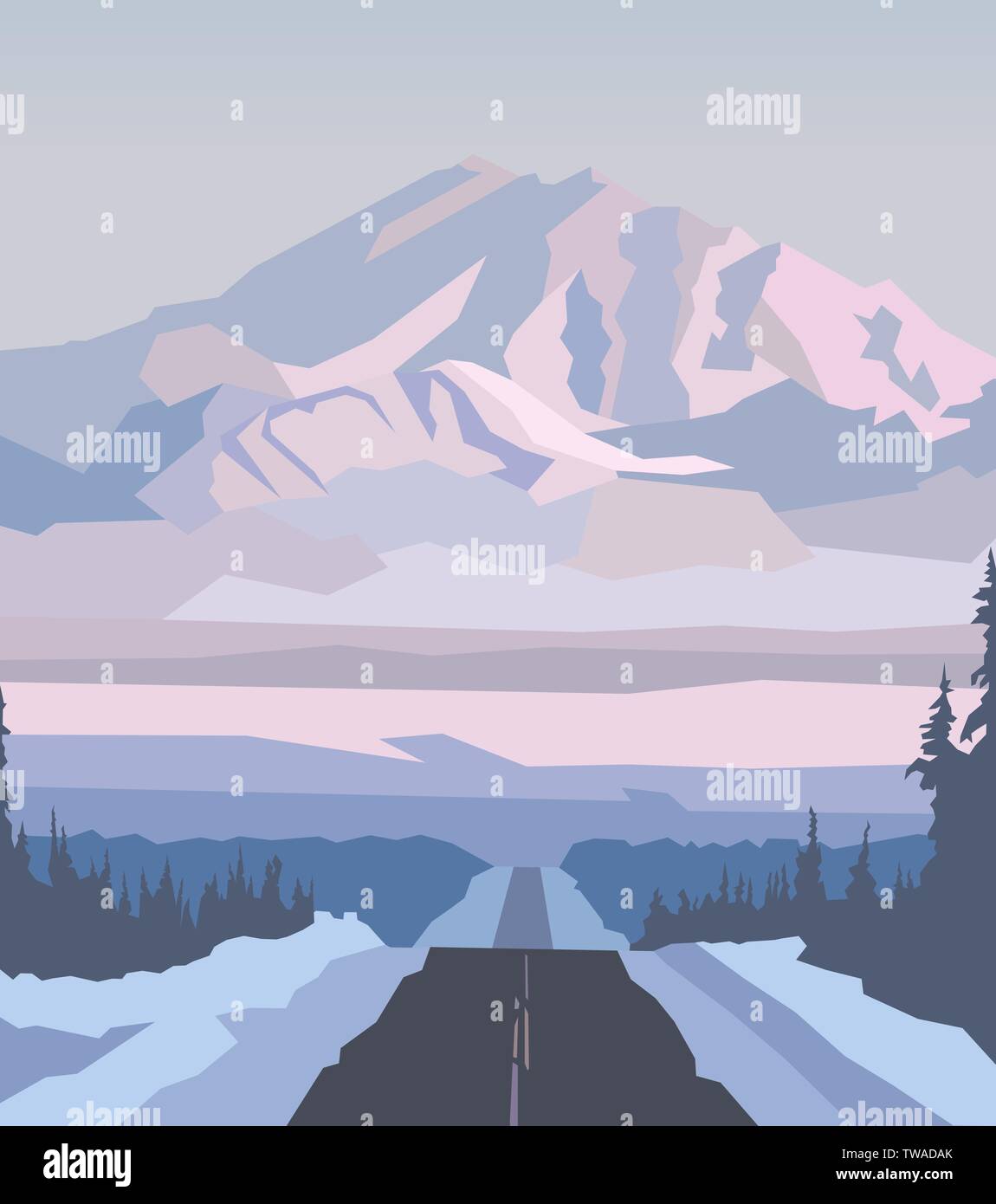 On the way to snowy mountain, minimalism in nature. Cartoon landscape with  empty road and high winter rock Stock Photo - Alamy