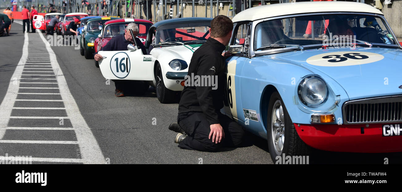 Edward Stone, David Huxley, MGB, Gentlemen Drivers, Pre-66 GT Cars, Masters Historic Festival, Brands Hatch, May 2019. Brands Hatch, classic cars, cla Stock Photo