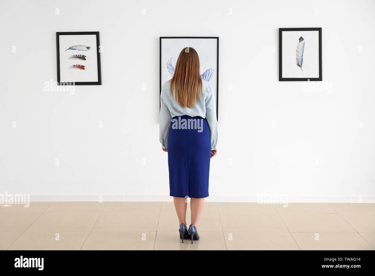 Woman at exhibition in modern art gallery Stock Photo - Alamy