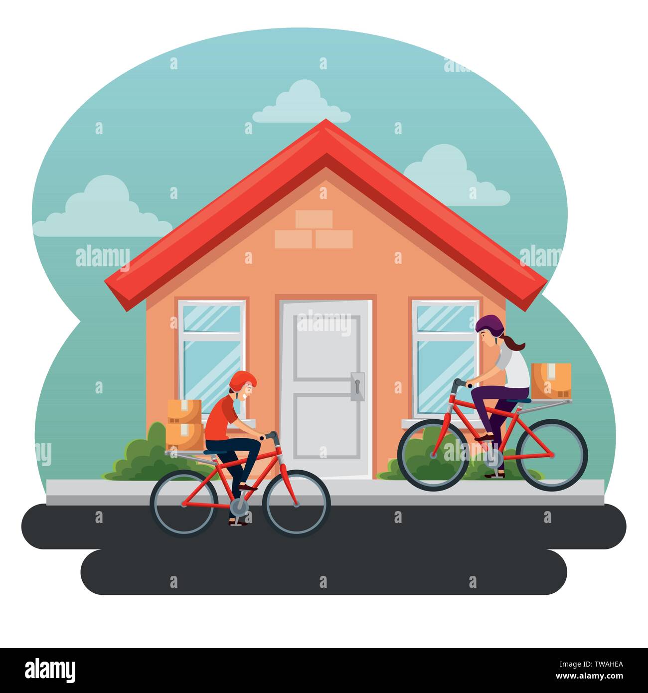 woman and man in the bicycle with boxes packages and house Stock Vector