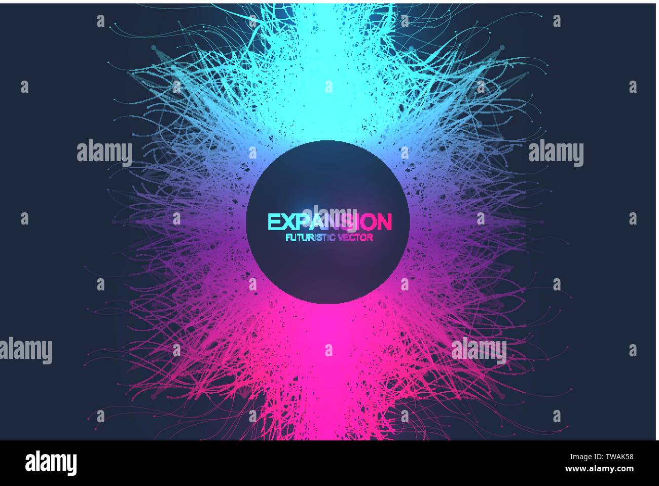 Geometric abstract background expansion of life. Colorful explosion background with connected line and dots, wave flow. Graphic background explosion Stock Vector