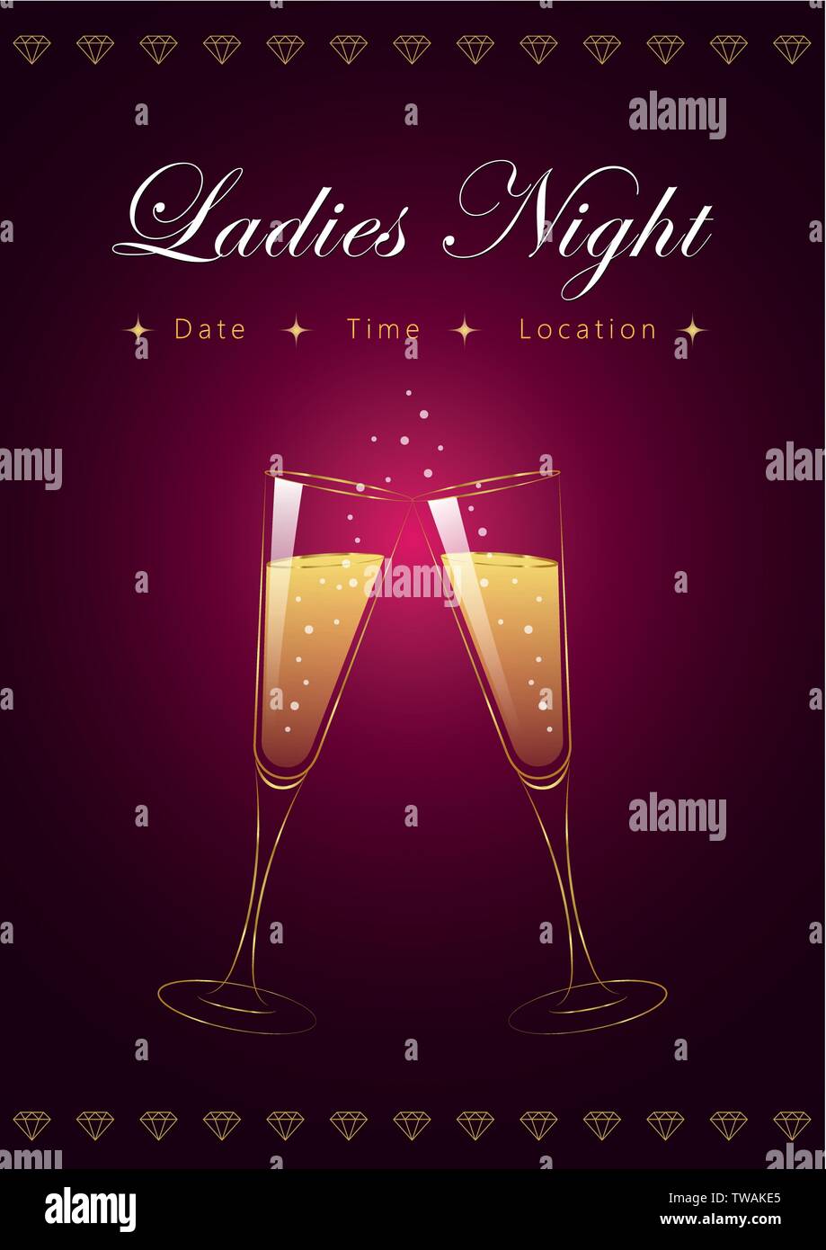 ladies night party poster with champagne glasses and diamonds vector illustration EPS10 Stock Vector