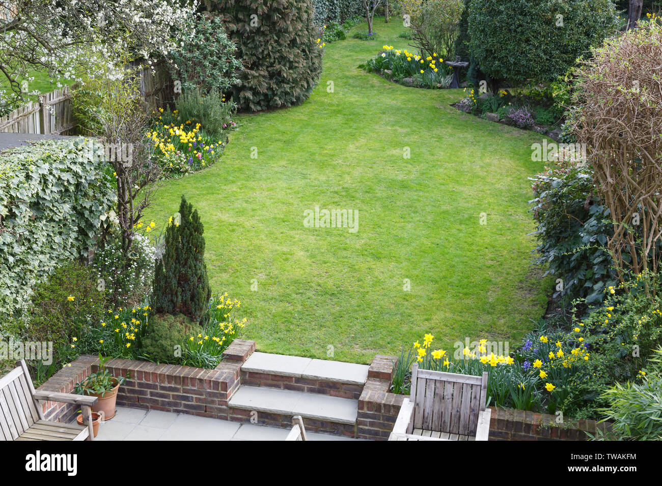 Lawn of a suburban back garden in London England, viewed from above Stock Photo
