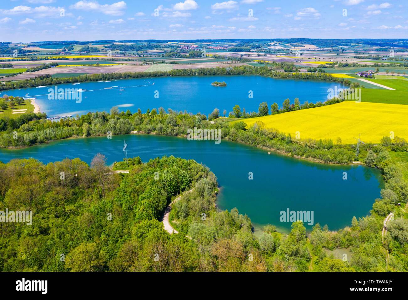 Lake Worther See, artificial lake near Worth an der Isar, drone shot, Lower Bavaria, Bavaria, Germany Stock Photo