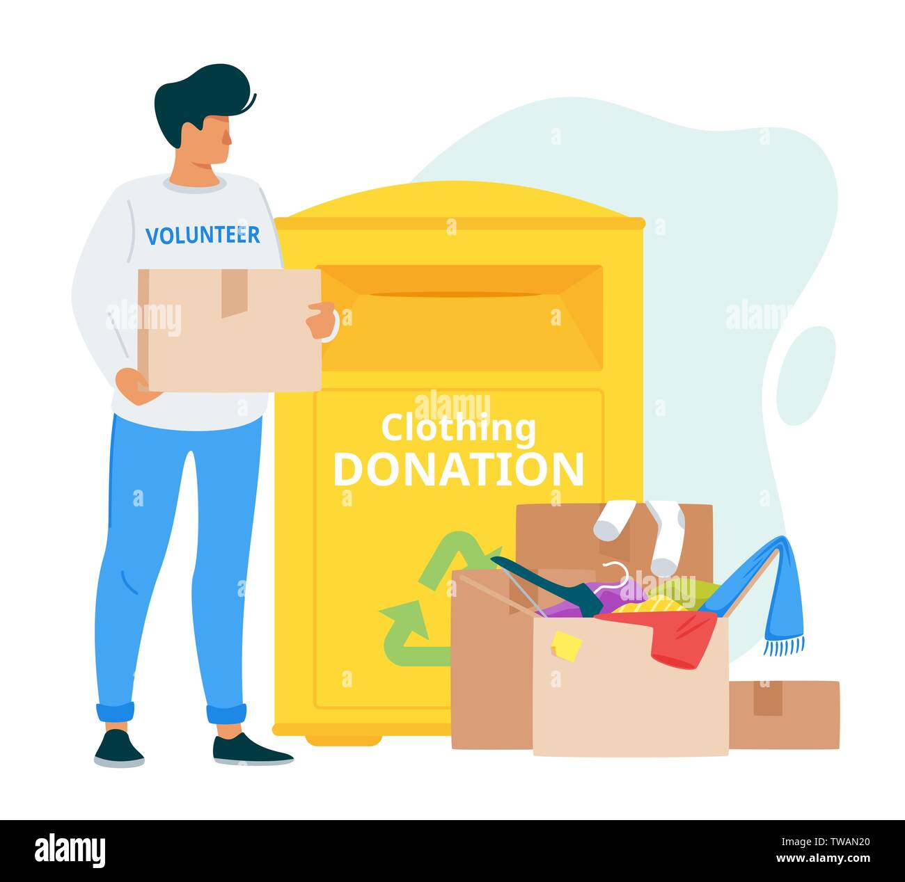 Young volunteer donating clothes vector illustration. Fabric recycling