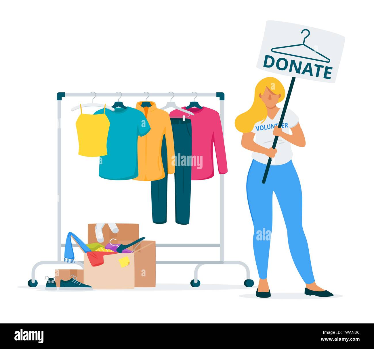 Female volunteer collecting clothes donations flat vector illustration