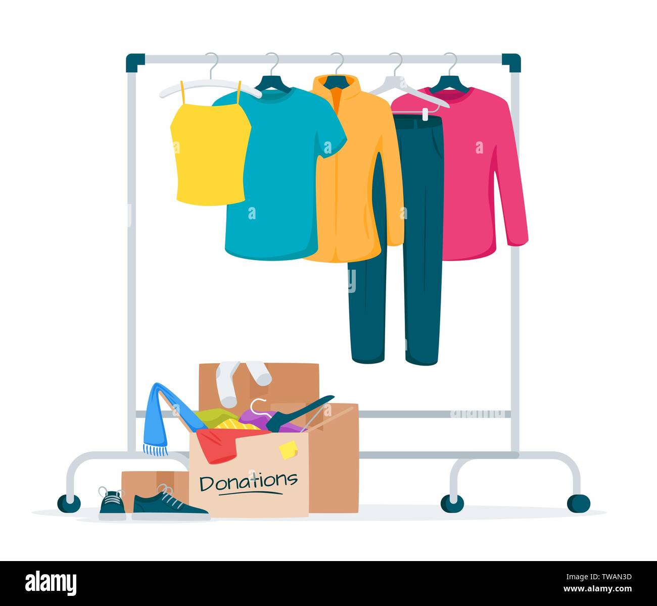 Used clothes donation flat vector illustration. Cheap and free garment. Second hand shop, flea market goods. Trousers, jackets hanging on rack. Men, w Stock Vector