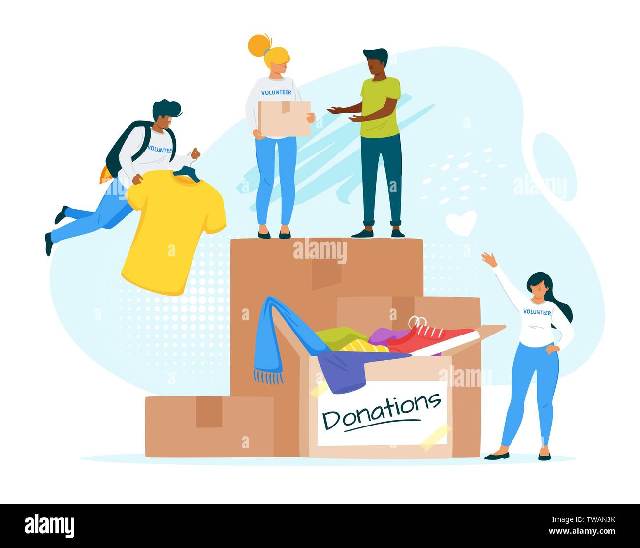 People donating clothes together flat vector illustration. Organized collective work. Kindness, society unity isolated clipart. Cardboard box with bel Stock Vector