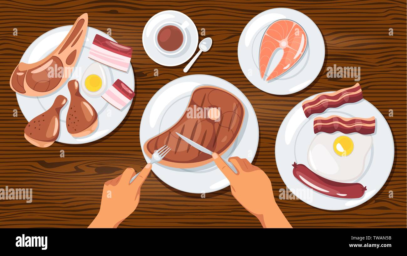 Person eating meat dishes flat vector illustration. Carnivore, zero carb diet. Weight loss meal, healthy eating. Animal products meals on plates. Rura Stock Vector