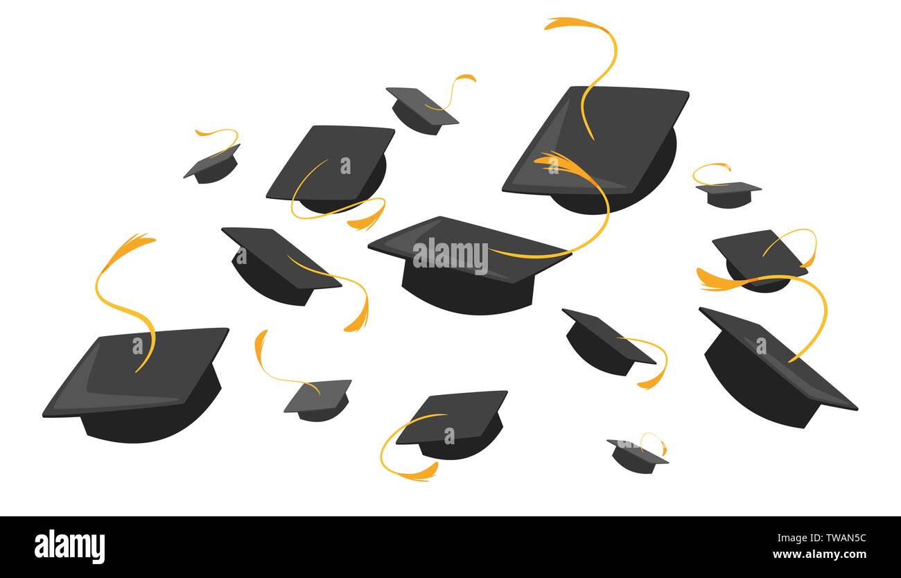 University mortarboards throwing tradition flat illustration. College, school graduation ceremony. Academic hats with tassels. Higher education, bache Stock Vector
