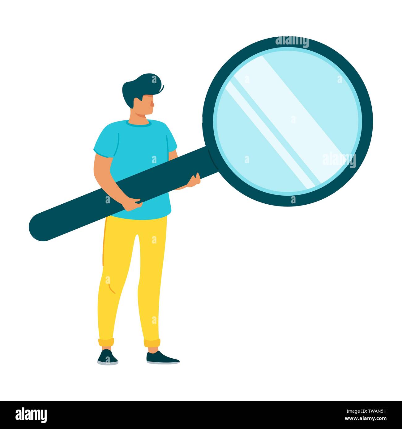 Man holding magnifying glass flat character. Male marketer, business analyst, headhunter vector isolated clipart. Creative solutions and ideas searchi Stock Vector