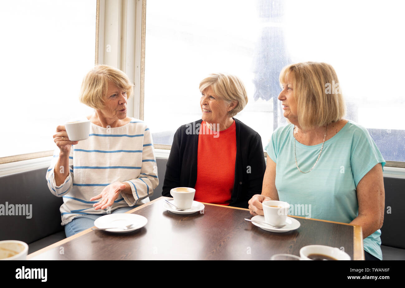 Joyful elderly friends having tea or coffee together. Senior girlfriends chatting laughing and having fun in coffee shop in Stay active in retirement Stock Photo