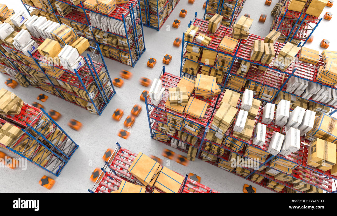 3d rendered image of a modern automated warehouse with drones in motion. Stock Photo