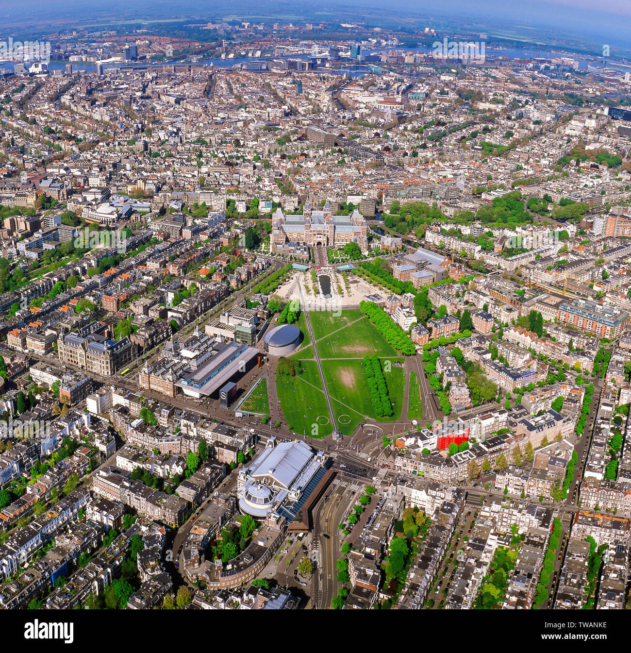 Panorama Aerial of the innercity of Amsterdam with the Rijksmuseum and Concert Building, the Netherlands Stock Photo