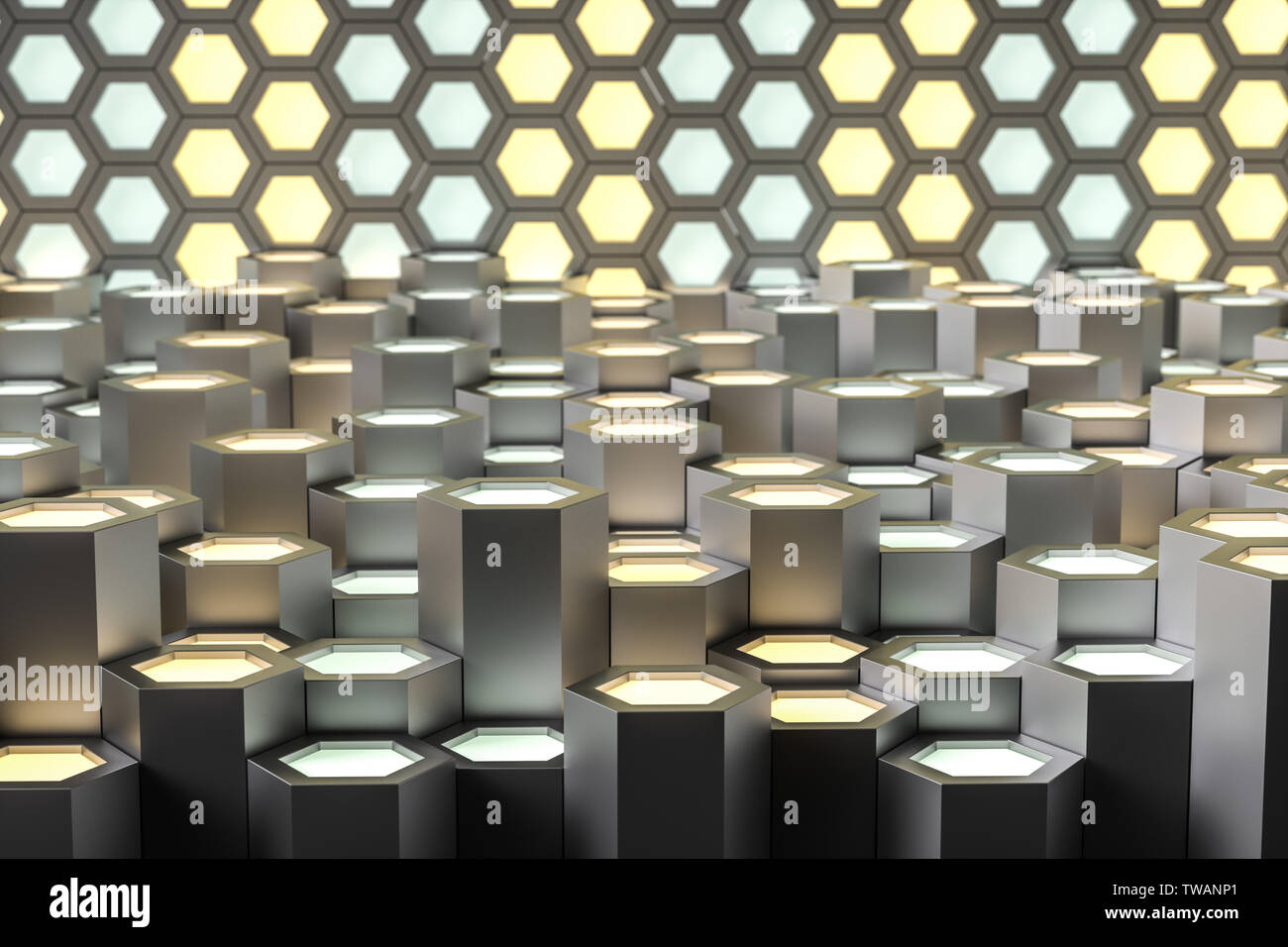 Golden hexagonal metallic background, three-dimensional rendering Stock Photo