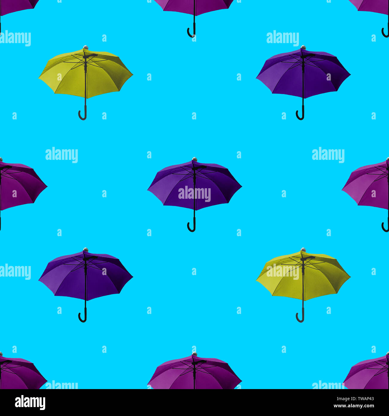 Seamless umbrella pattern Many colorful umbrellas on a bright blue ...