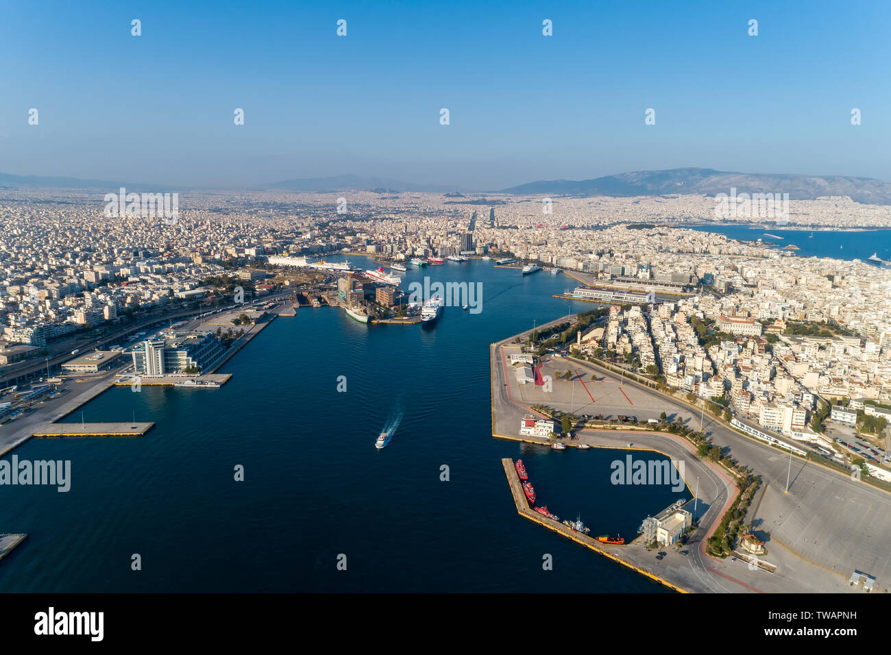 Piraeus, Greece May 30, 2019 Aerial drone panoramic photo of Piraeus