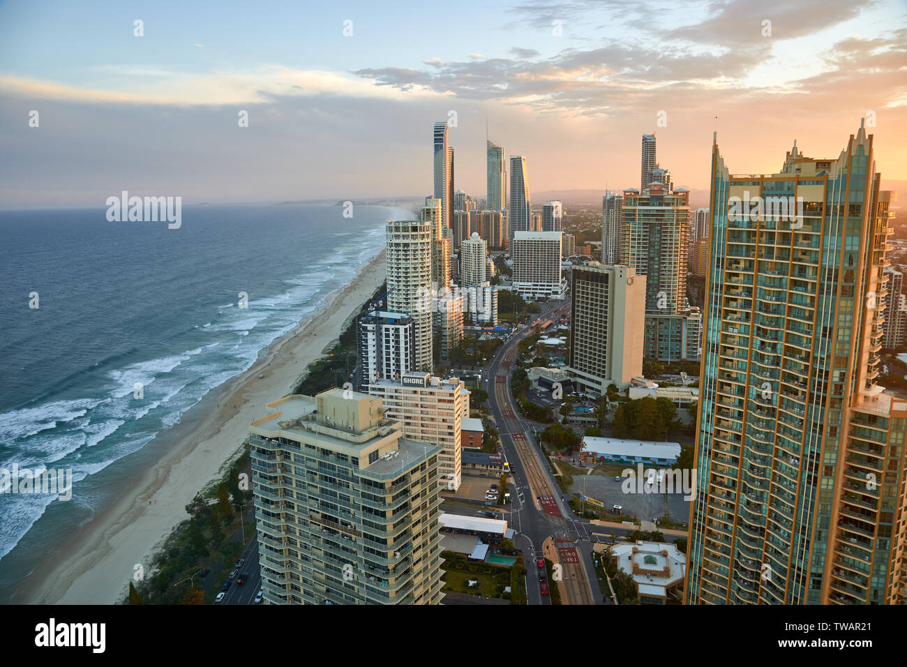 Aerial shot of world famous sufers paradise city beach and esplanade at sunset. Gold Coast, Surfers Paradise, Queensland, Australia Stock Photo