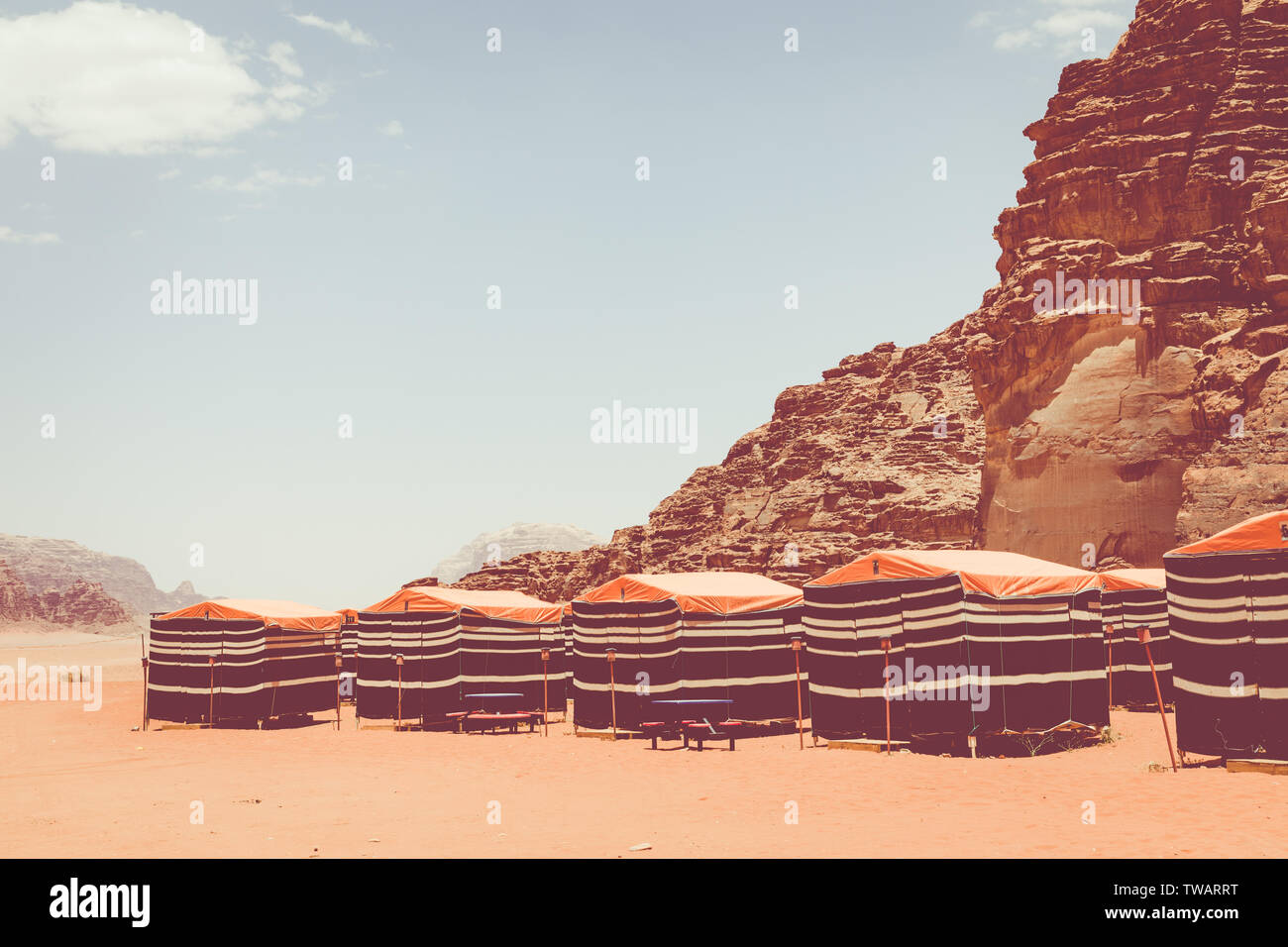 Tourist tents in Wadi Rum dessert. Jordan. Middle East. Stock Photo