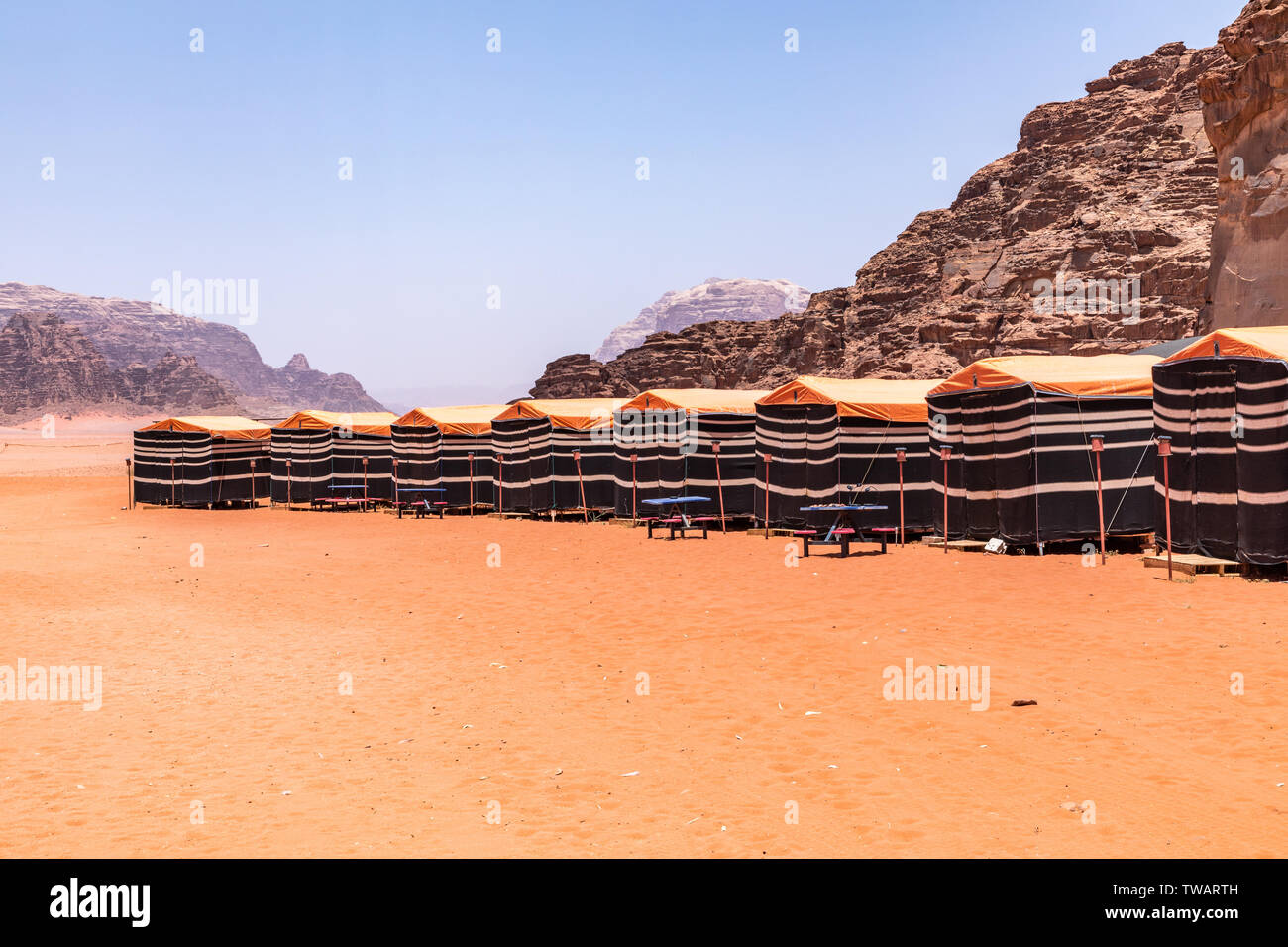 Tourist tents in Wadi Rum dessert. Jordan. Middle East. Stock Photo