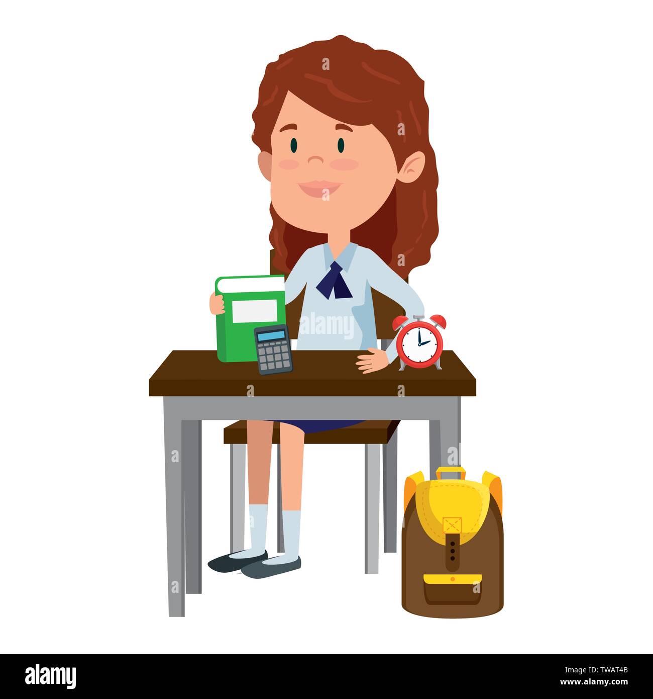 happy student girl with supplies seated in school desk Stock Vector ...